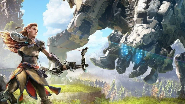 A battle between Aloy and a machine in Horizon Zero Dawn.